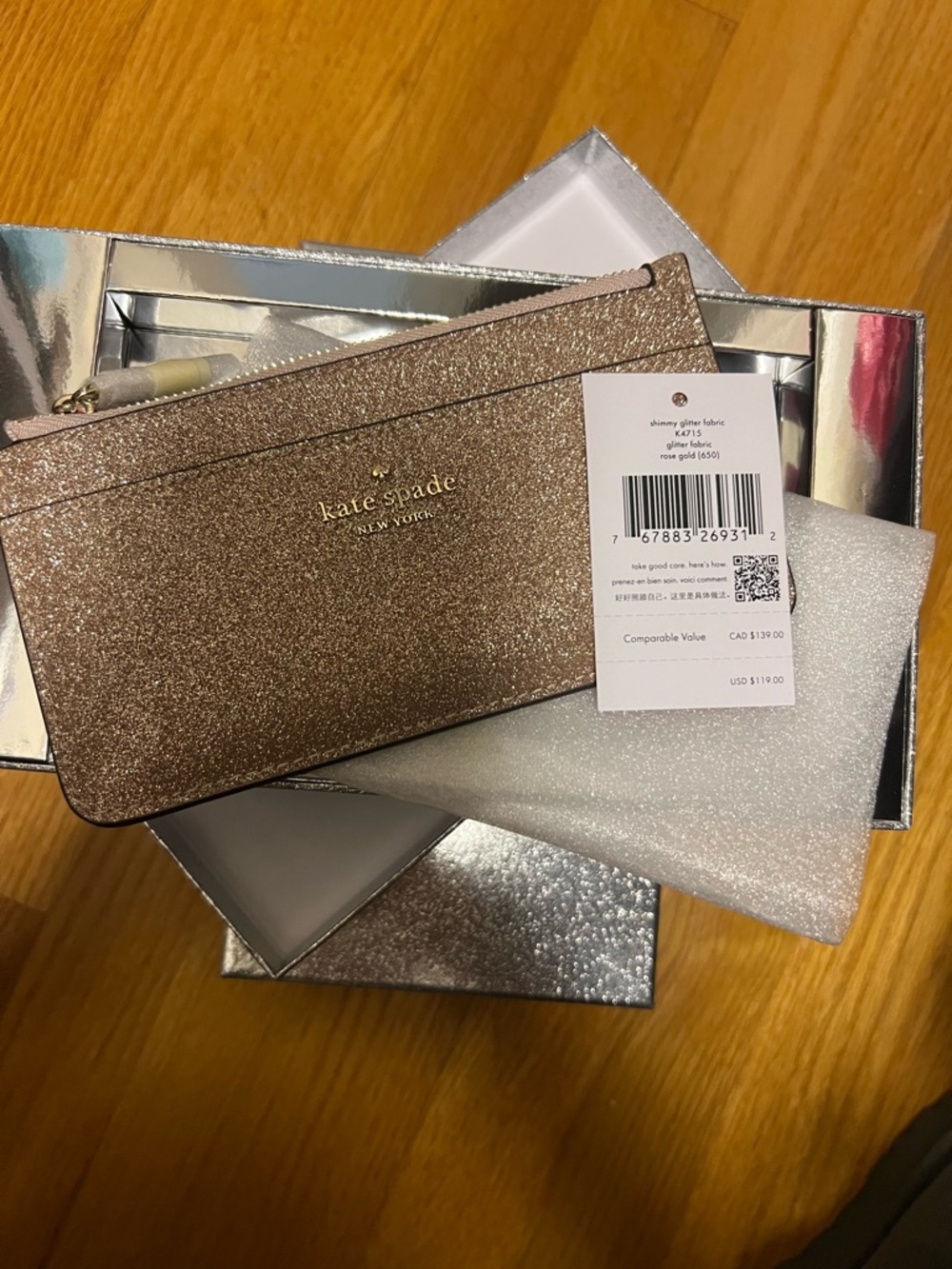 kate spade metallic rose gold glitter wristlet pouch